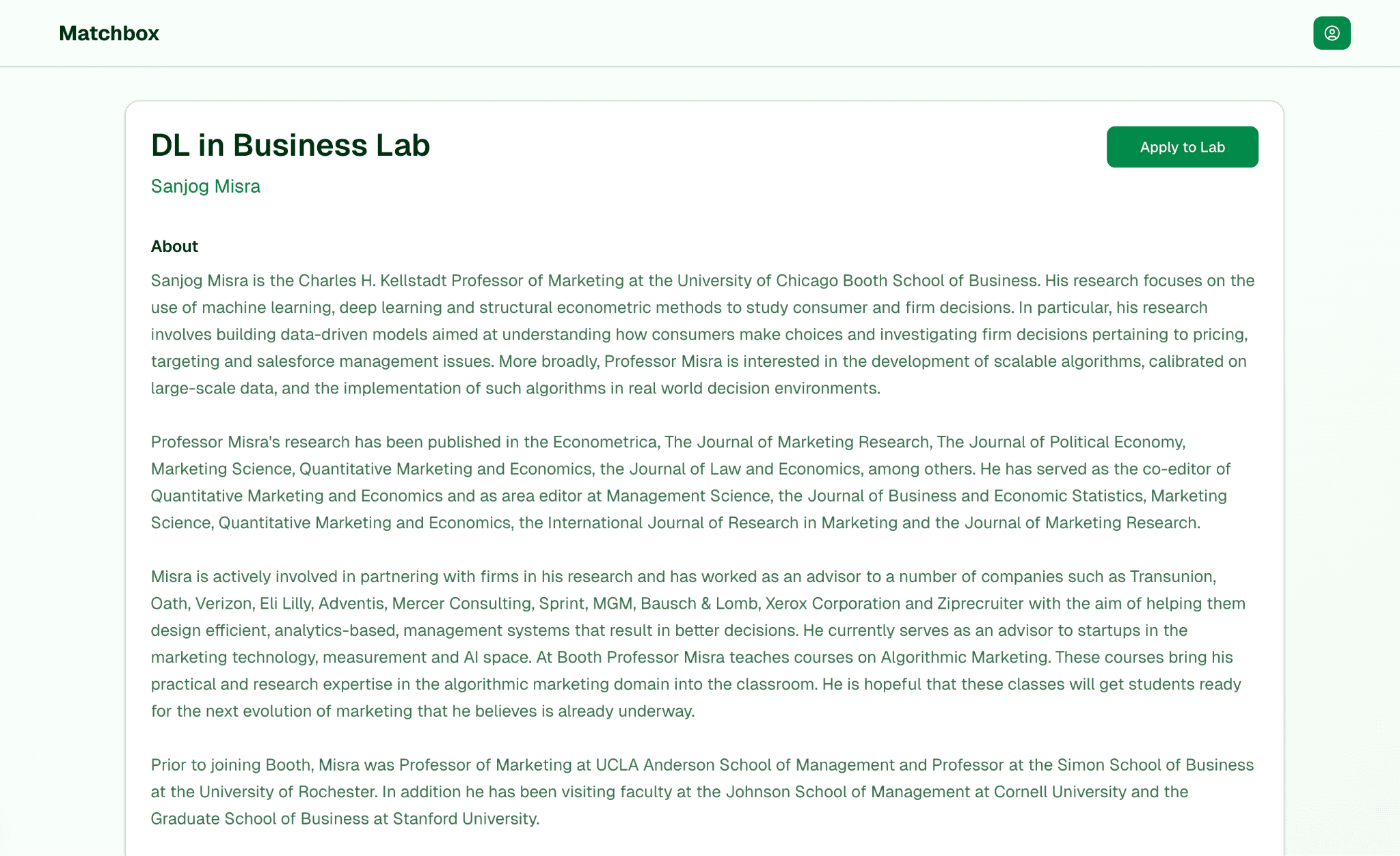 Matchbox Lab Page View